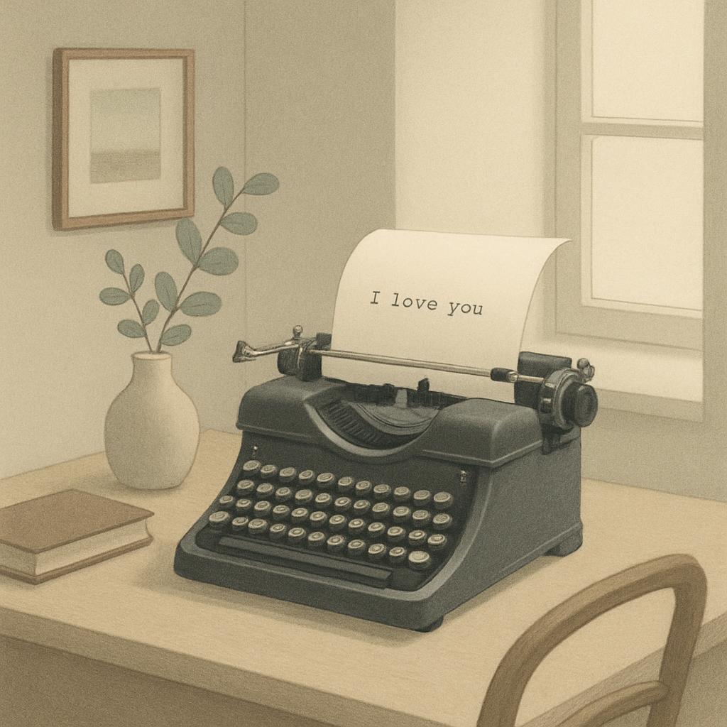 A vintage room scene with an antique typewriter, book, and vase with the phrase "I love you" typed on paper rolling out of...