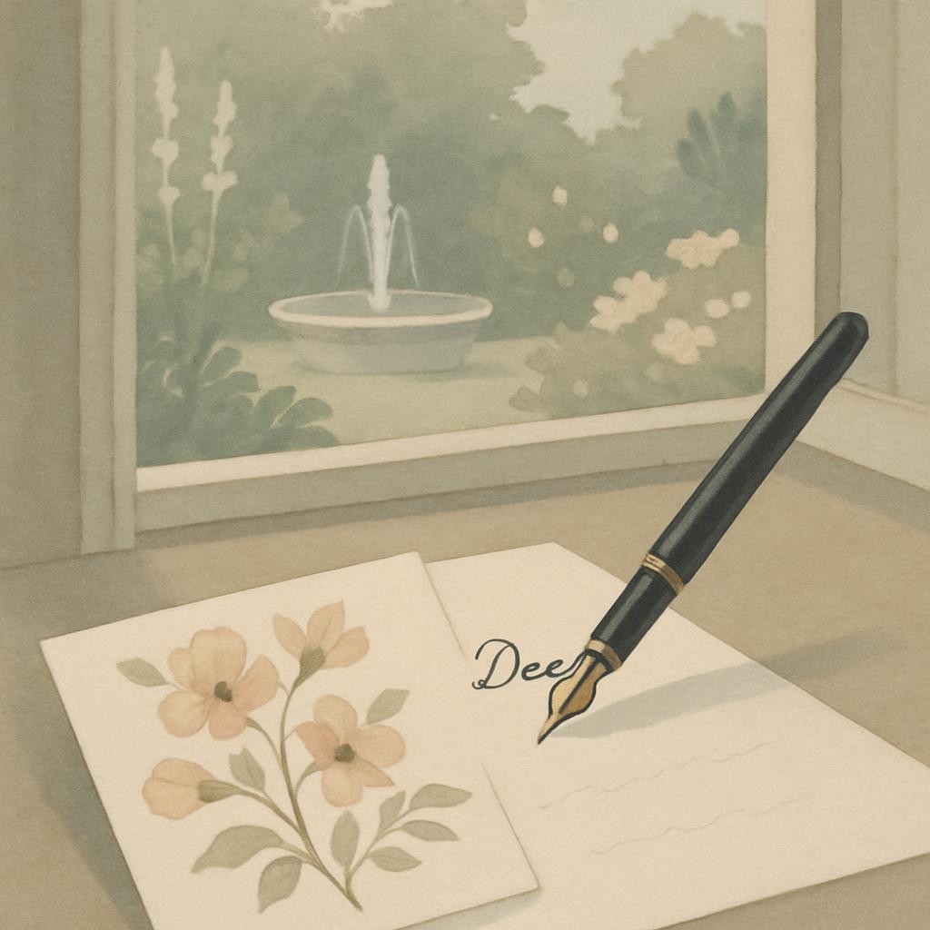 Watercolor-style image of a letter, envelope, fountain pen, and yellow flowers seen in an open window. This captivating sc...